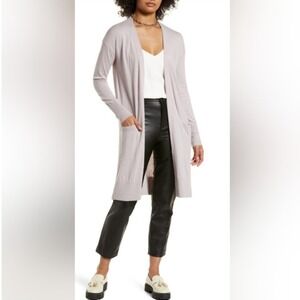 Halogen Linen Blend Long Sleeve Open Front Duster‎ Cardigan Sweater Beige Small